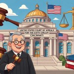 Cartoon judge holding a gavel in front of the United States Court of Appeals for the Sixth Circuit in Cincinnati